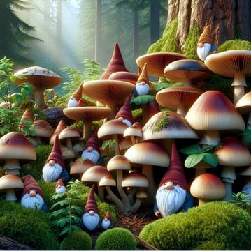 paddenstoelen met kabouters 1 van Yvonne van Huizen