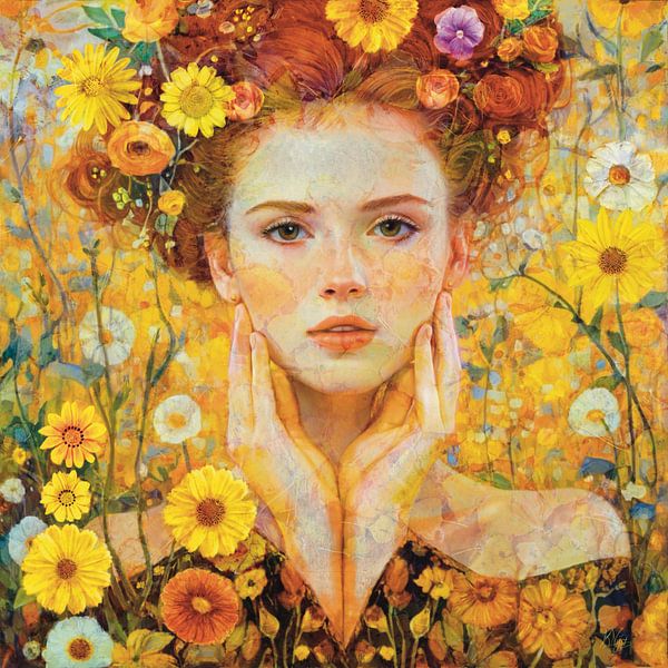 Portrait de femme avec des fleurs jaunes estivales par Karen Nijst