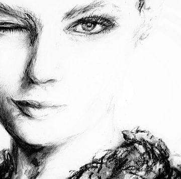 Schwarz-weißes Porträt einer Frau. Kohlezeichnung von Ineke de Rijk