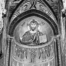 Le Christ Pantocrator - Cathédrale de Cefalù - en noir et blanc sur Silva Wischeropp