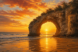 Golden Sunset Through Mbawana Arch – Sumba Coastal Landscape Oil Painting by Vínculae