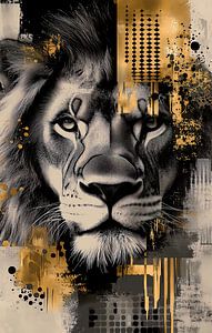 tête de lion abstraite avec des nuances d'or, de noir et de gris