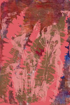 Abstract Botanisch Bohemen. Een modern-chique mix van varenbladeren en bloemen in roze en roest. van Dina Dankers