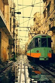 Green tram in the city by Art & Soul Creations