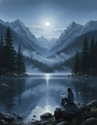 Mountain Lake in Silver Moonlight