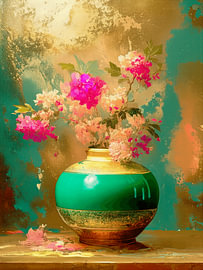 Modernes und farbenfrohes Stillleben in  leuchtendem Rosa, Gold und Türkis in einer chinesischen Vase