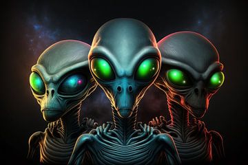 Drie realistisch ogende aliens met donkere achtergrond. van Jan Schneckenhaus