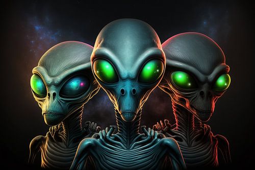 Drie realistisch ogende aliens met donkere achtergrond.