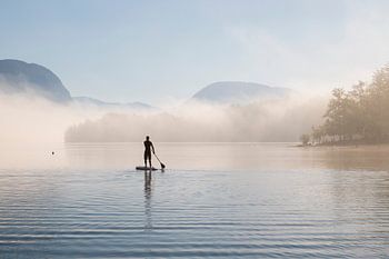 Mist boven het meer van Bohinj