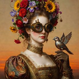 Steampunk portrait with a floral crown and a mechanical bird by But First Framing