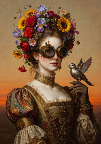 Portrait steampunk avec une couronne de fleurs et un oiseau mécanique