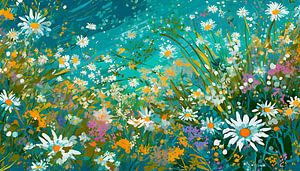 Malerei mit einem Blumenmeer aus Gänseblümchen, Lilien und Gräsern
