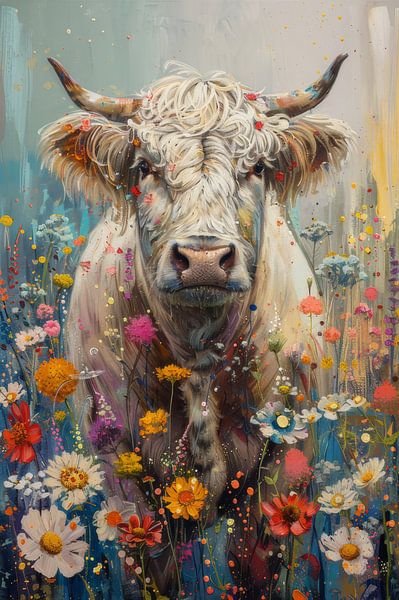 Colourful Scottish Highlander cow in Sea of Flowers by Eva Lee