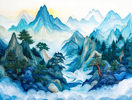 De mistige bergen van Zhangjiajie in quilling-stijl