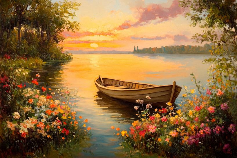 Bateau à rames au coucher du soleil par Poster Art Shop