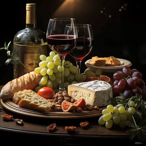 stilleven van wijn, kaas en brood