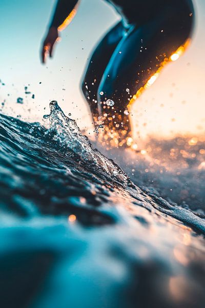 Surfers bij zonsondergang aan zee van Poster Art Shop