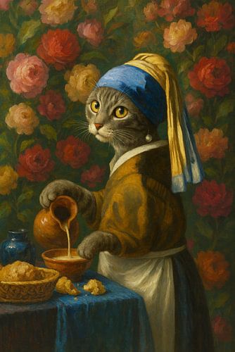 Het melkmeisje in Rijksmuseum stijl – kat in stilleven