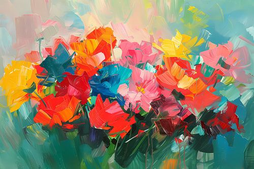 Abstracte kleurrijke bloemenweide olieverfschilderij