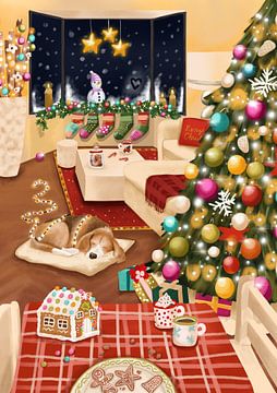 Fröhliche Weihnachten mit Weihnachtsbaum und Beagle-Hund von Aniet Illustration