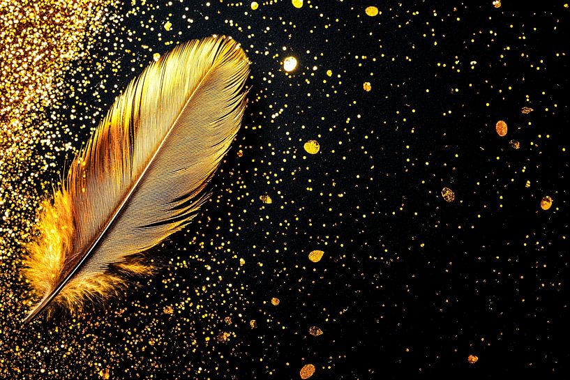 Plume d'or élégante sur fond noir par Art & Soul Creations