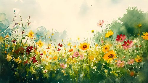 Veldbloemen in de zon - aquarel