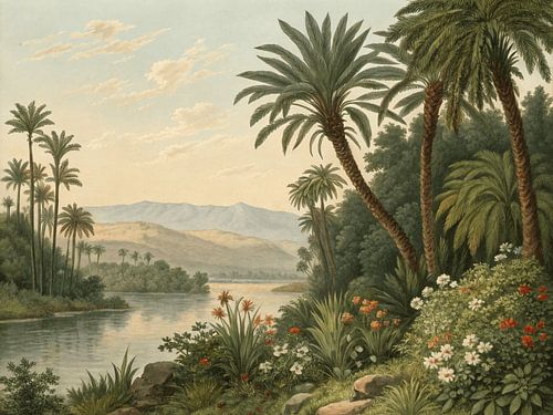 Oase-landschap met palmbomen en rivier