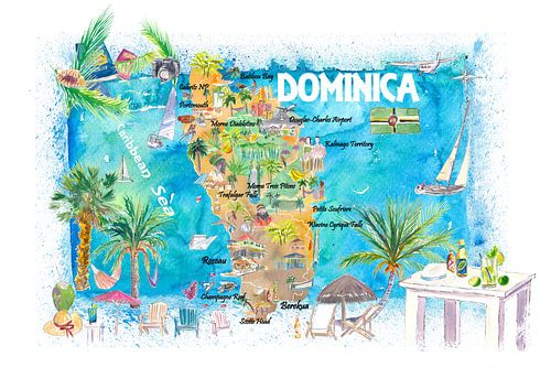 Dominica Antilles Illustrated Travel Map with Roads and Highlights