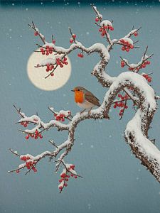 Winterbild. Rotkehlchen im hellen Vollmond