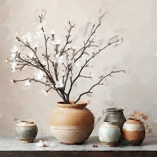 Een stilleven wabi sabi bloesem tak met aardewerk potten.