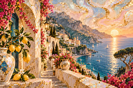 La côte amalfitaine au coucher du soleil | Citrons, bougainvilliers et mosaïques dorées | Affiche au format paysage sur ButterflyPix