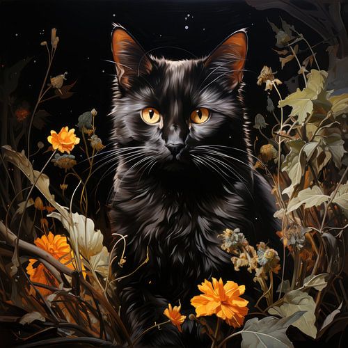 Zwarte kat in de nachtelijke tuin