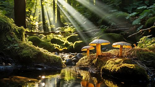 Zonnestralen op paddestoelen