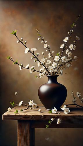 Dunkle Vase mit weißer Blüte auf Holztisch - Rustikales Stilleben