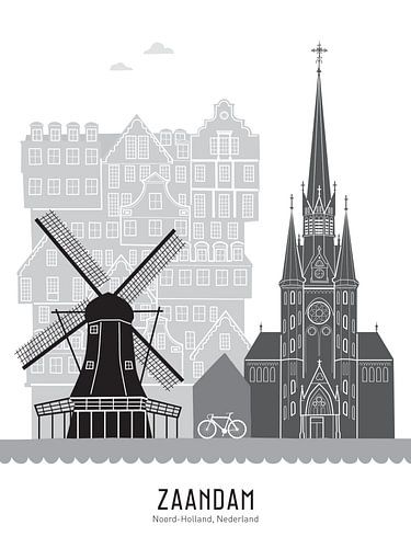 Skyline illustration Zaandam in black-and-white-grey by Mevrouw Emmer