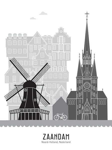 Skyline illustration Zaandam in black-and-white-grey by Mevrouw Emmer