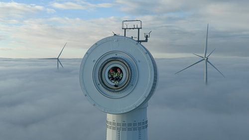 De mens achter duurzame energie, hoog boven het landschap
