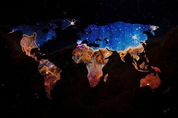 Kaart van de Wereld met de Carina Nebula (donkere achtergrond) van Whale & Sons