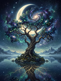 Arbre lunaire fantastique de la galaxie, paysage cosmique mystique sur haroulita