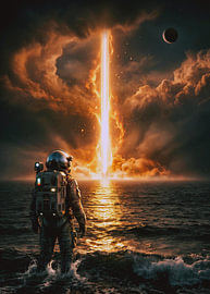 Astronaut wading in dark ocean watching massive fiery light beam erupt through stormy orange clouds by Adam Khabibi