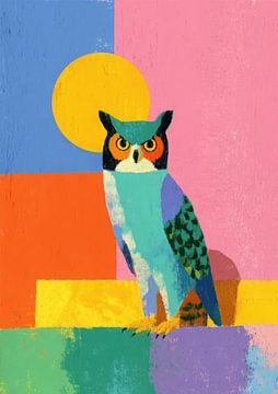 Geometrische Eule vor großer gelber Sonne von Niklas Maximilian