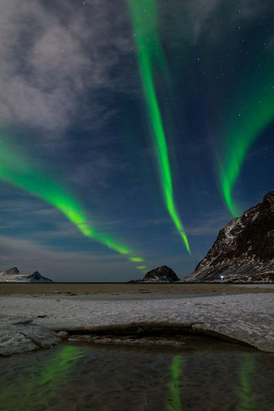Spektakuläres tanzendes grünes starkes Nordlicht über dem berühmten runden Sandstrand bei Haukland a von Robert Ruidl