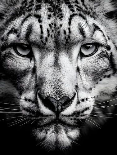Sneeuwluipaard - Majestueuze rust in een monochroom portret