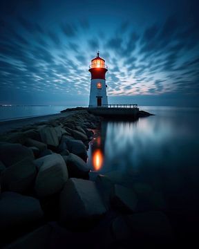 Vuurtoren bij zonsondergang van fernlichtsicht