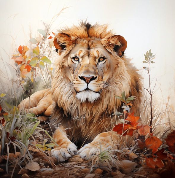 watercolour painting of a lion resting in tall grass by Margriet Hulsker