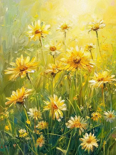 Een zonovergoten symfonie van wilde madeliefjes in een impressionistische weide