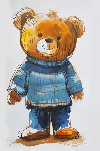 Aquarel  van een teddybeer in een blauwe trui