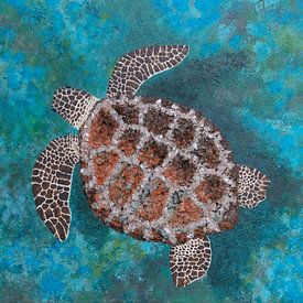 Painting of a sea turtle swimming in the ocean by Lisette Rijkers