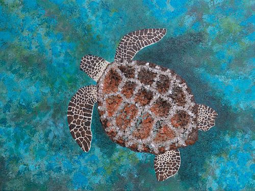 Schilderij van een zeeschildpad zwemmend in de oceaan van Lisette Rijkers