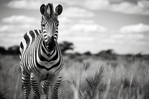 Porträt Zebra in der Savanne, Schwarz-Weiß-Fotografie